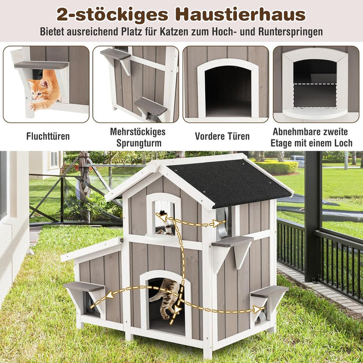 COSTWAY Katzenhaus Outdoor, 2-stöckige Katzenhütte, Katzenvilla mit Asphaltdach, Fluchttüren, PVC-Vo
