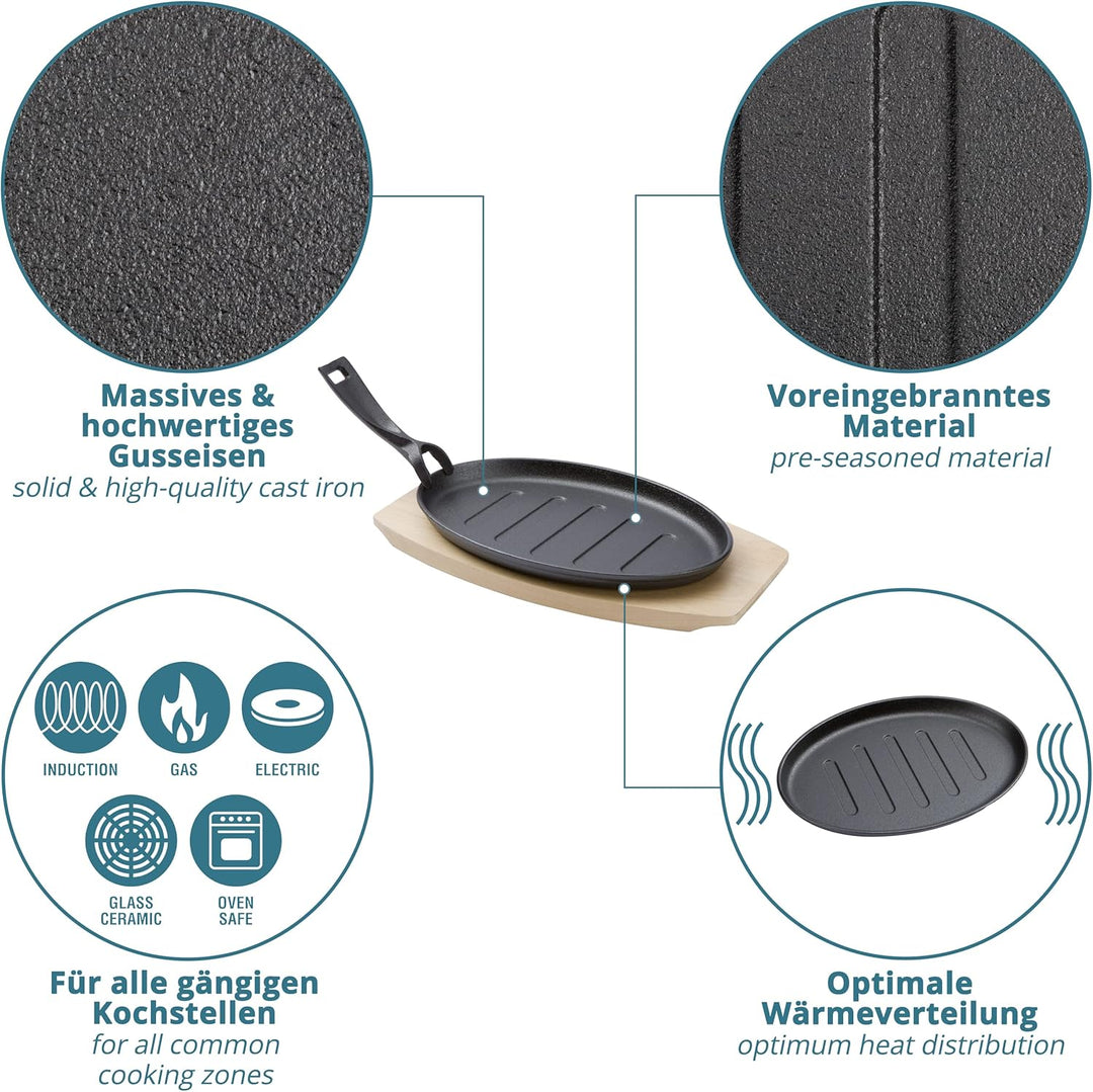 Servierpfannen aus Gusseisen extra Gross mit 27cm – Grillpfännchen inkl FSC Holzuntersetzer 32cm – S