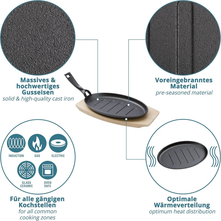 Servierpfannen aus Gusseisen extra Gross mit 27cm – Grillpfännchen inkl FSC Holzuntersetzer 32cm – S