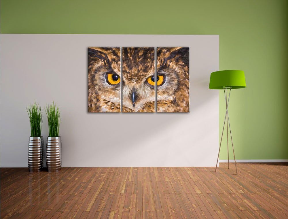 Pixxprint Eule mit gelben Augen als Leinwandbild/Grösse: 3 Teilig (120x80) cm/Wandbild/Kunstdruck/fe