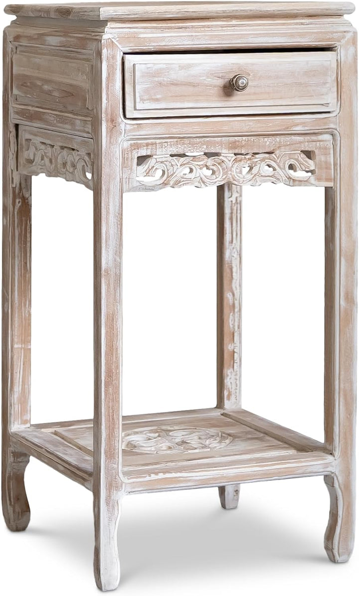 livasia Teakholzschränkchen mit Schnitzerei Hellbraun, Nachttisch, Kommode, Nachtschrank, aus Java (