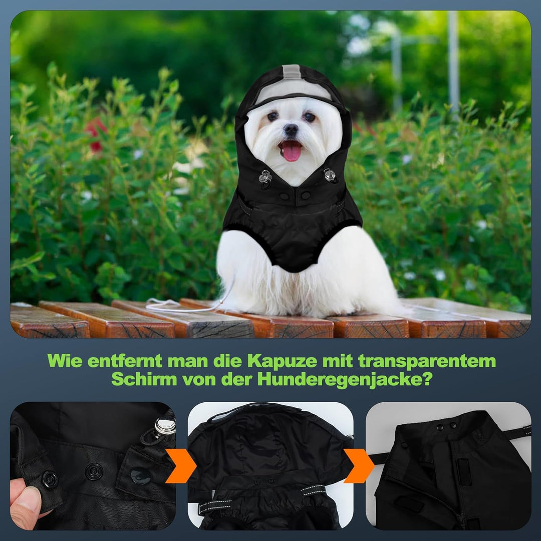 Hunderegenmantel wasserdicht, Regenjacke mit reflektierenden Streifen, H-Brustgeschirr (D-Ring) & Ab