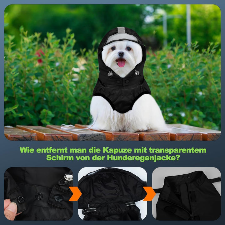 Hunderegenmantel wasserdicht, Regenjacke mit reflektierenden Streifen, H-Brustgeschirr (D-Ring) & Ab
