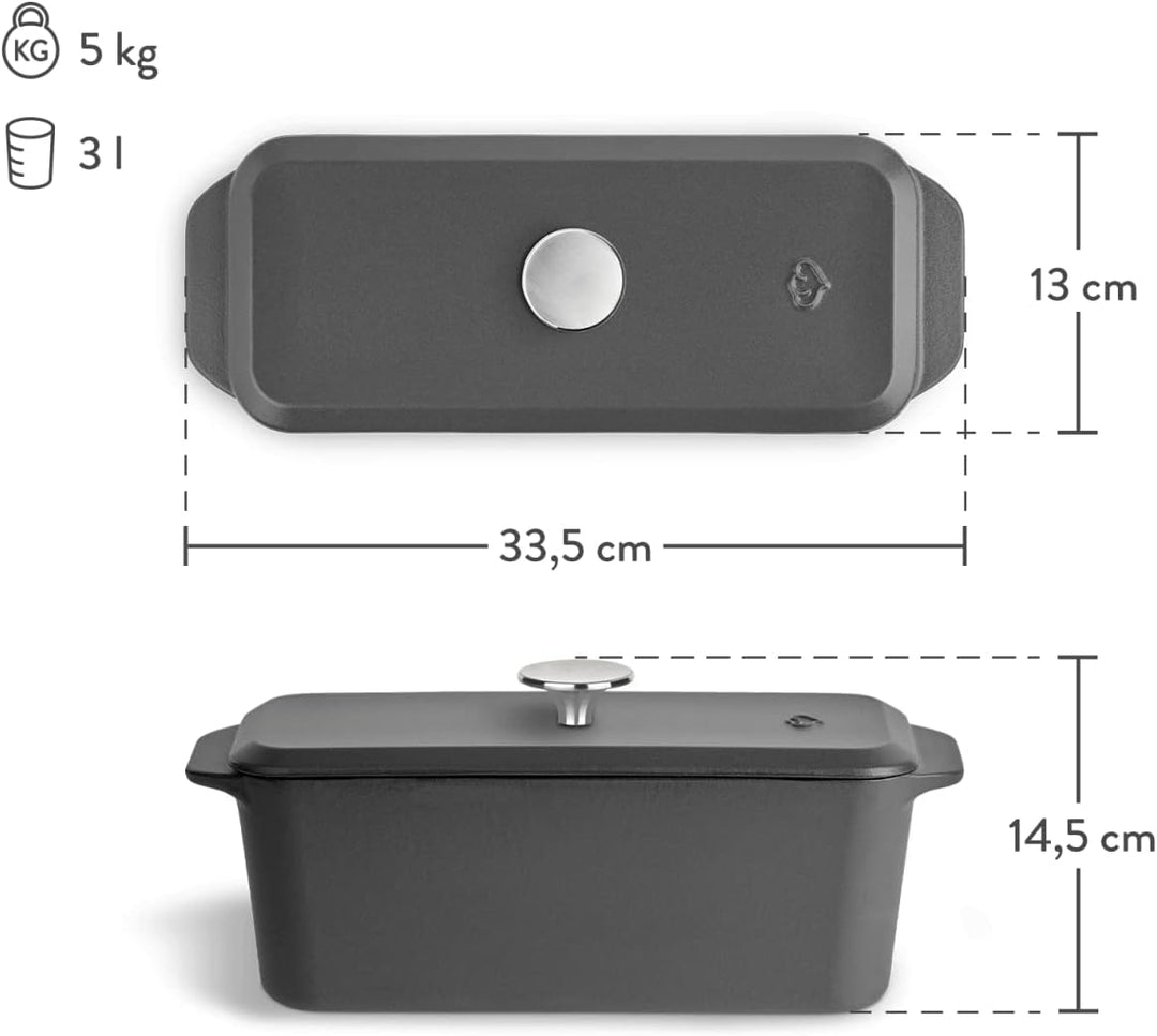 SPRINGLANE Kastenform Gusseisen mit Deckel 33,5 x 13 cm, emaillierte Backform, Brotbackform - Grau K