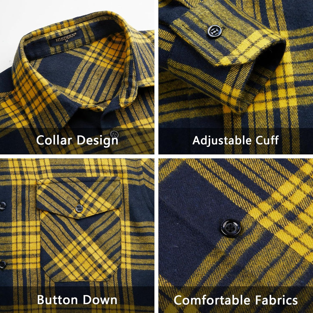 HISDERN Herren Hemd Checked Flanell Shirt, Herren Langarm Oberteil für Männer mit Brusttaschen, Butt