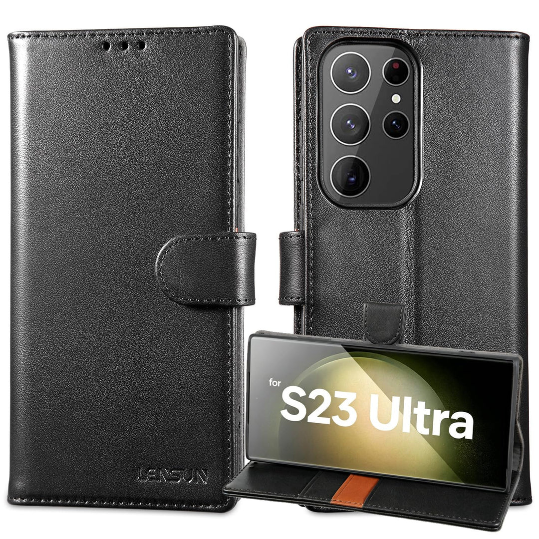 LENSUN Echtleder Hülle für Samsung Galaxy S23 Ultra, Handyhülle [Echtes Leder] [Kartenfach] [RFID Sc