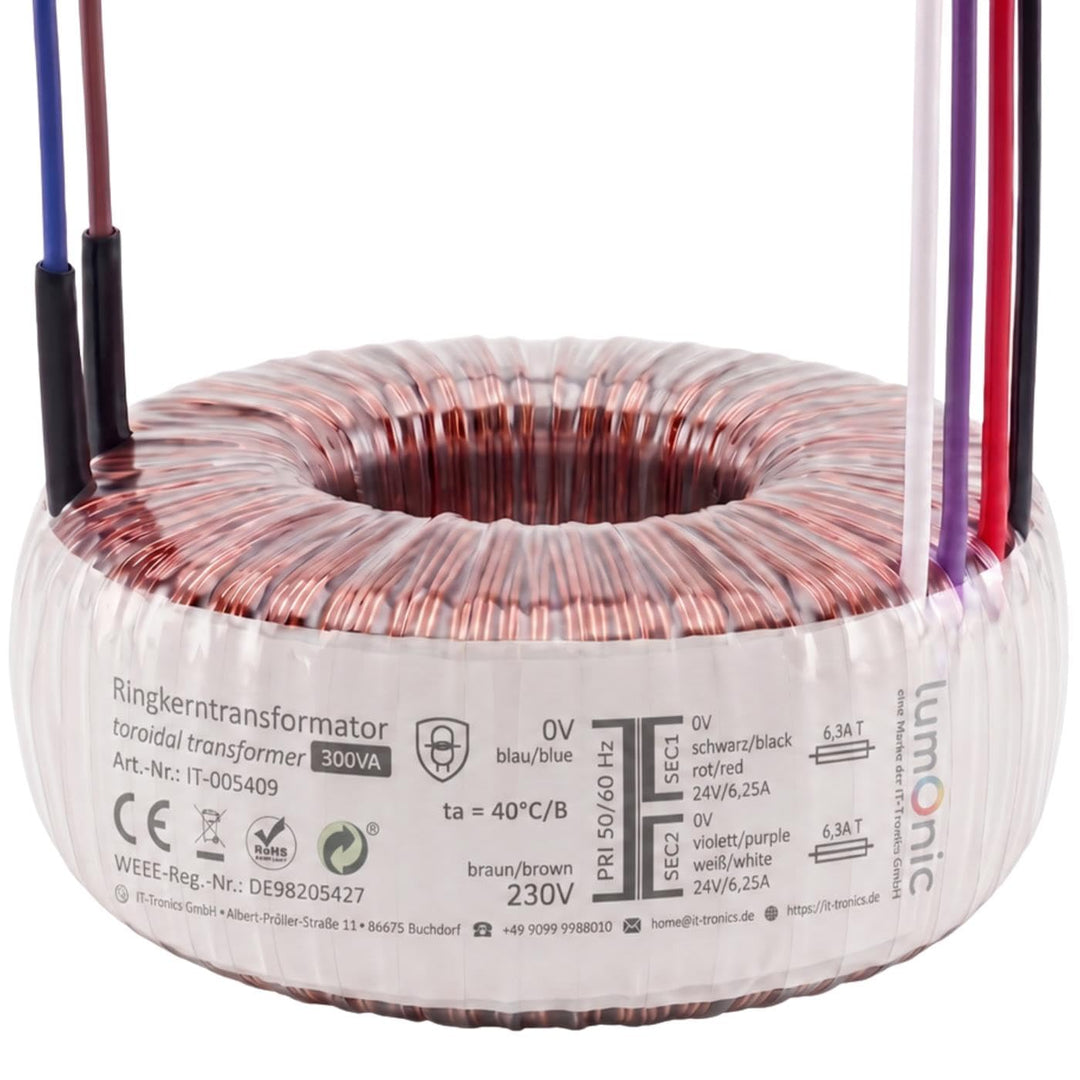 Sedlbauer Ringkerntrafo Transformator 300VA 2x24V für Audio, Industrie, Halogen und Schienensysteme