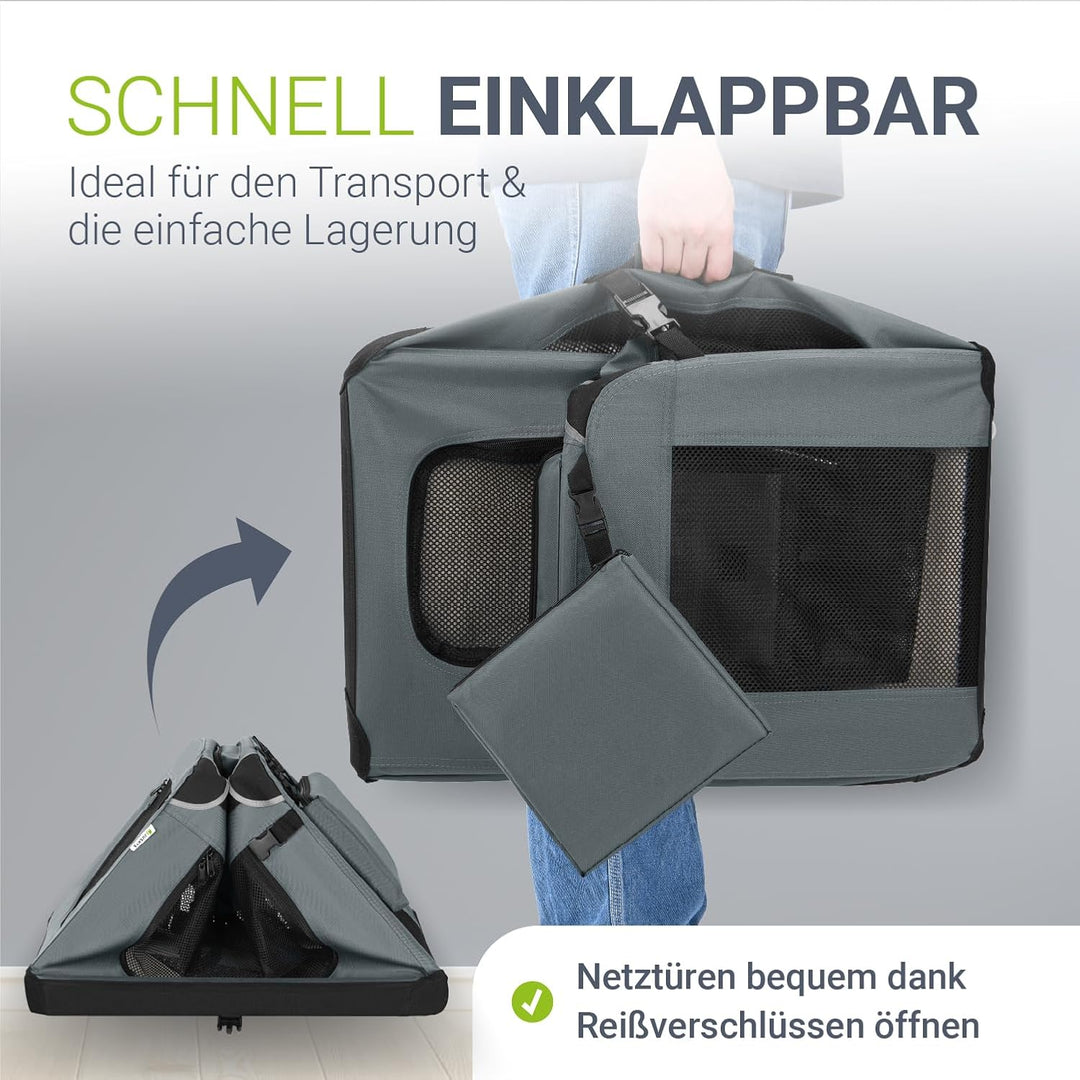 Juskys Hundetransportbox Lassie XL (grau) faltbar - 56 x 81 x 58 cm - Hundebox mit Decke, Tasche & G
