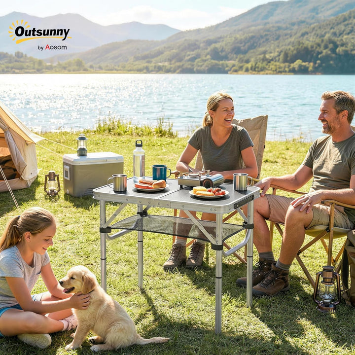 Outsunny Campingtisch Klapptisch mit Netzfach, 4 Höhenverstellungen, Tragegriff Gartentisch aus Alum
