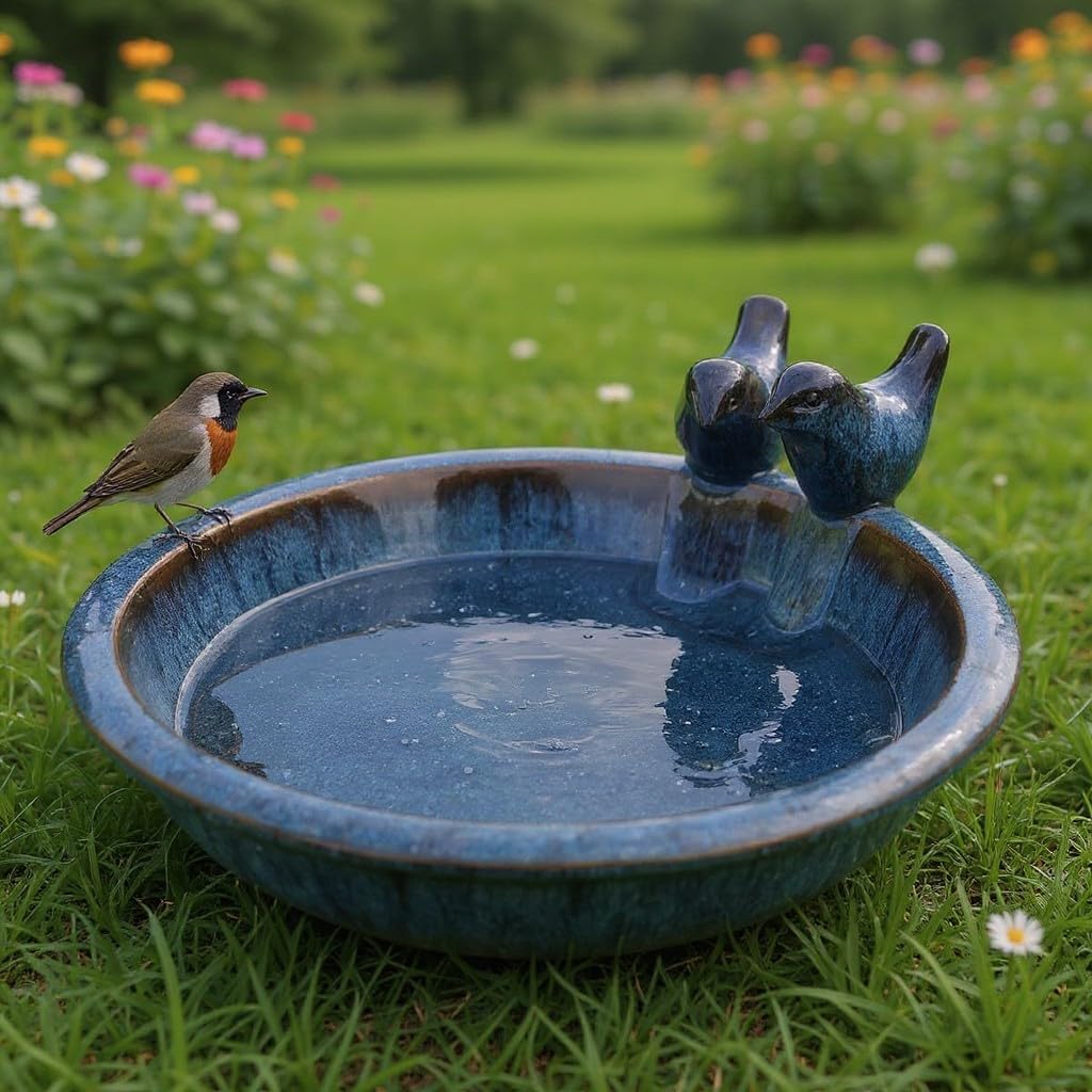 Vogeltränke Oasis aus glasierter Keramik, Ø 30 cm | mit Deko-Vögeln, Winterfest, Farbenfrohe Gartend