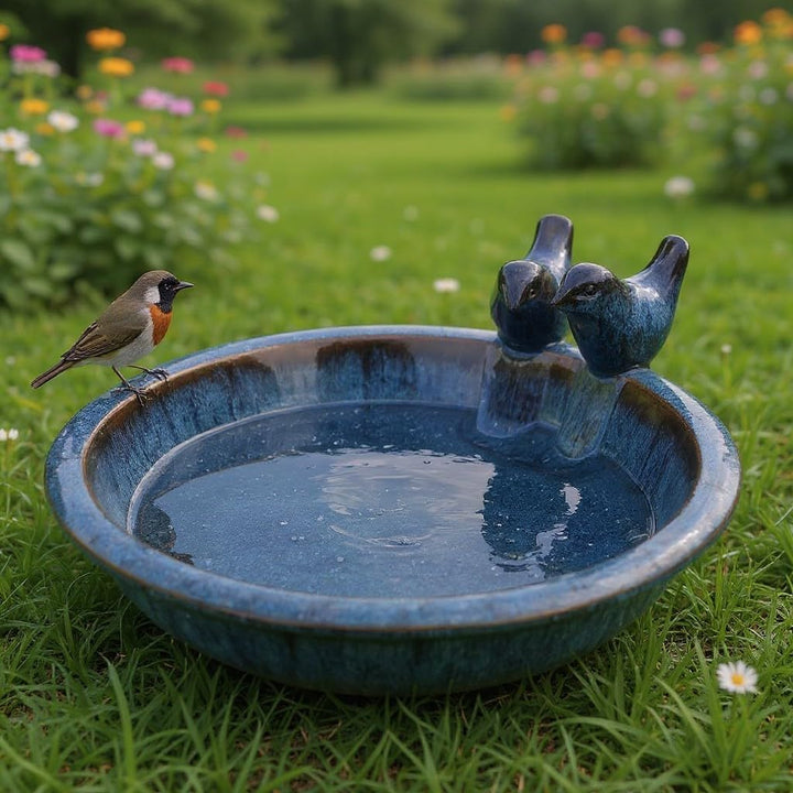 Vogeltränke Oasis aus glasierter Keramik, Ø 30 cm | mit Deko-Vögeln, Winterfest, Farbenfrohe Gartend