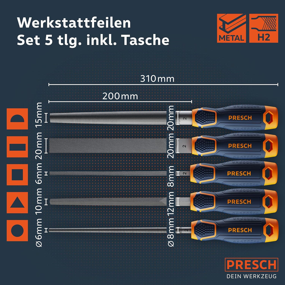 Presch Werkstattfeilen Set 5tlg. inkl Rolltasche - Hochwertiges Metallfeilen Set mit Hieb 2 inkl. Fl