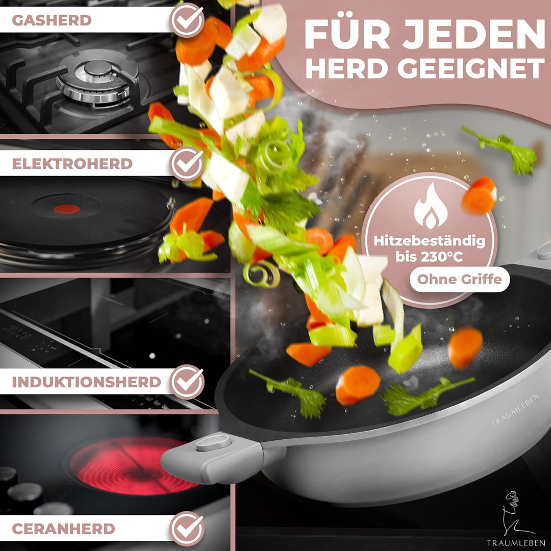 Bratpfanne 28 cm mit Deckel, abnehmbaren Griffen & Antihaftbeschichtung, PFOA-frei, für Induktion ge