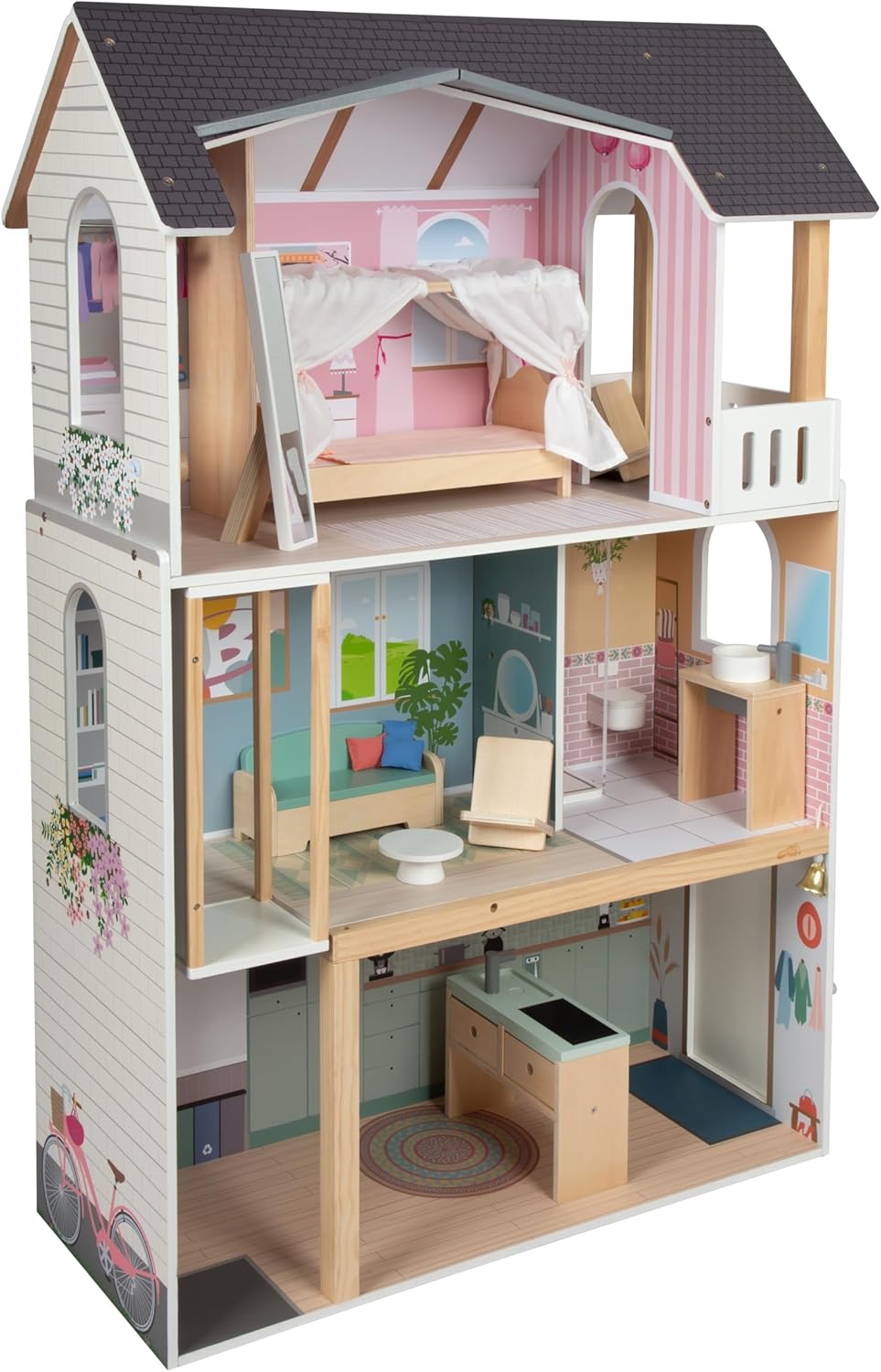 small Foot Puppenhaus Traumvilla XL aus Holz, 3 Etagen mit Aufzug, mit umfangreichem Zubehör, für Mo