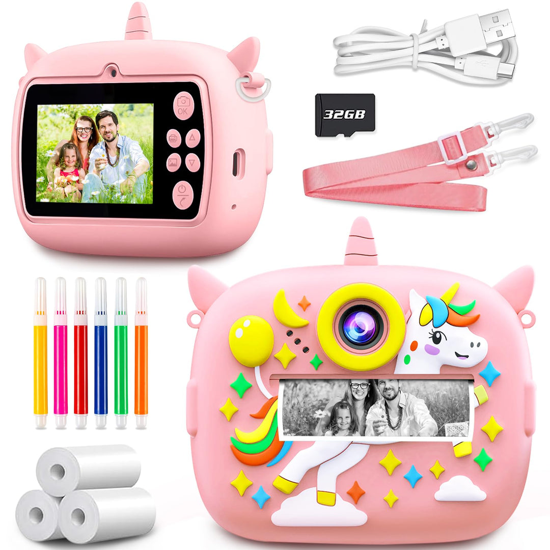 Sofortbildkamera Kinder, 2,4 Zoll Bildschirm 1080P HD Kinderkamera, mit 32GB Karte und 3 Rollen Foto