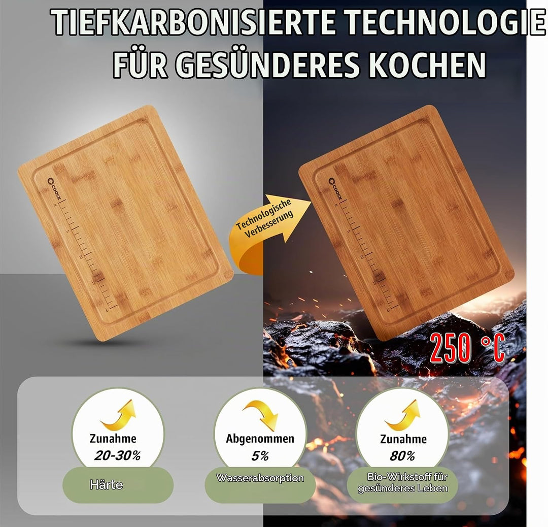 Bambus Schneidebrett-Set mit Halter – 3 Stück (Gross 40x30, Mittel 33x26, Klein 26x18 cm) – Carbonis