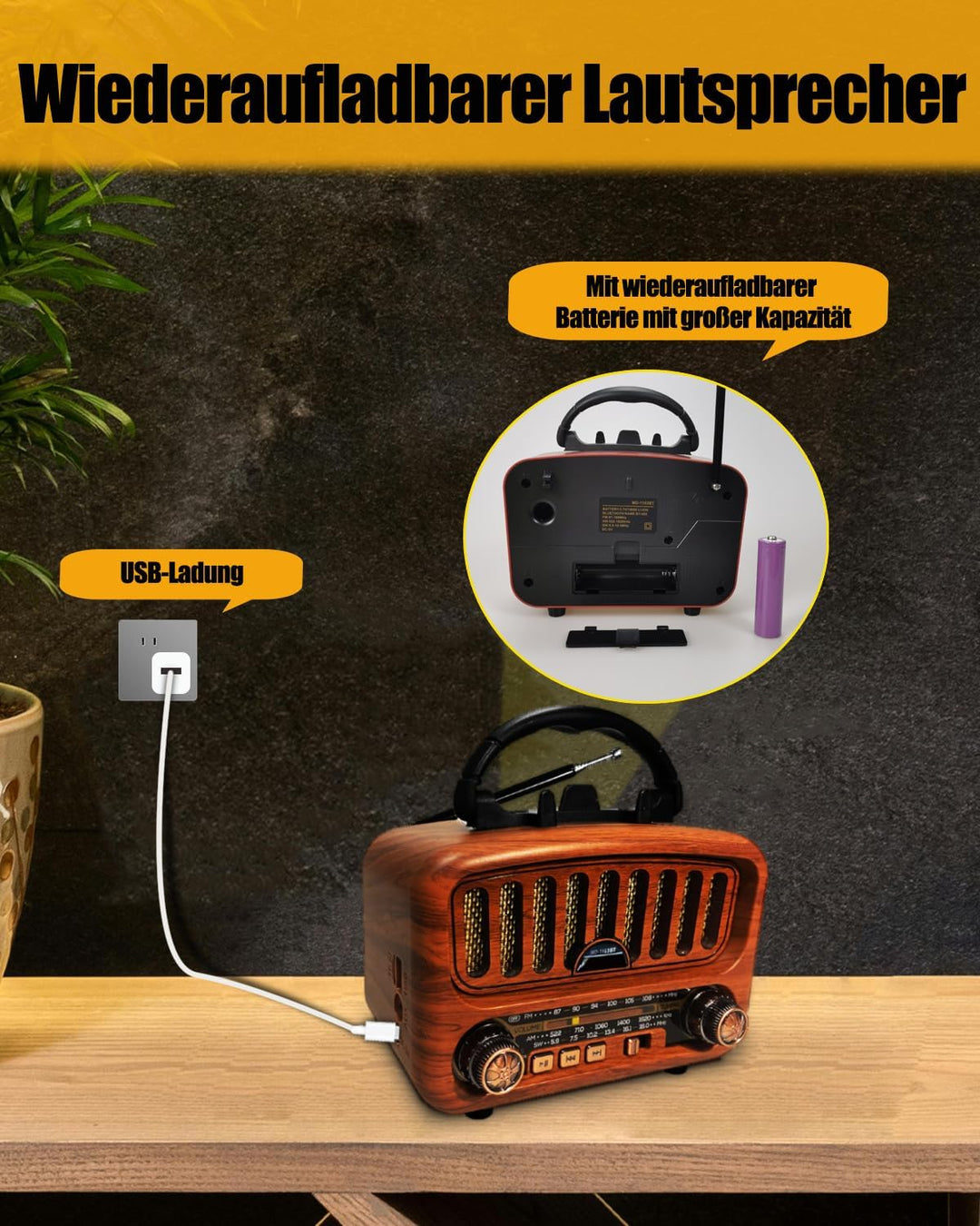 Retro Radio mit Bluetooth, AM/FM/SW Tragbares Radio Klein 5W grosser Lautsprecher und Bluetooth 5.0,