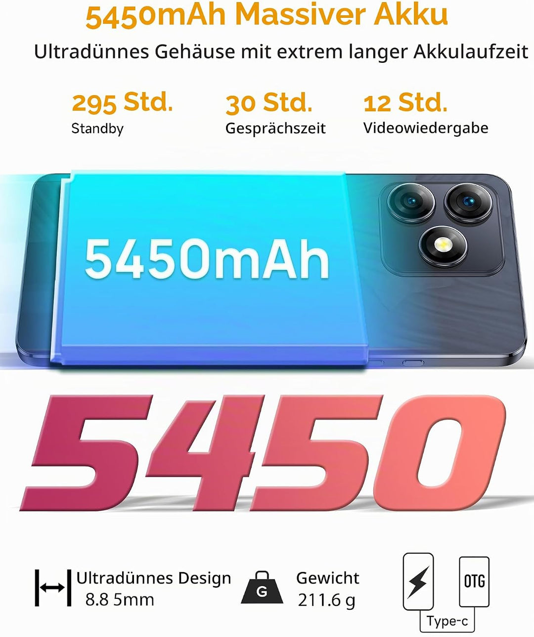 Ulefone Note 18 Pro Handy ohne vertrag, 64MP+50MP+32MP Kamera 12GB+256GB/SD-2TB Android 14 Smartphon