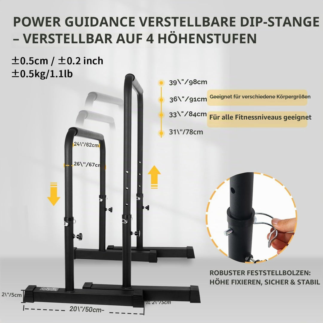 POWER GUIDANCE Dip Barren Dip Bar Quadratische breite Stützfüsse Einstellbare Höhe 77cm 84cm 91cm 98