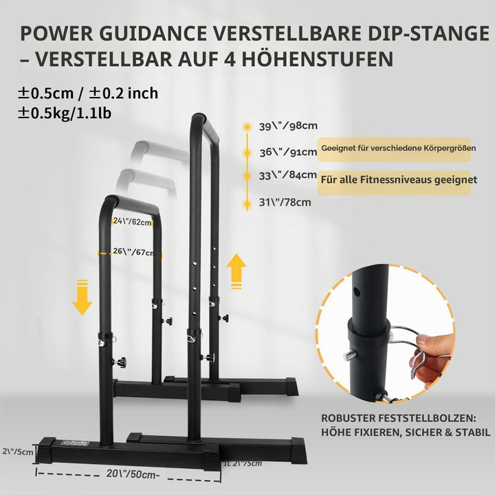 POWER GUIDANCE Dip Barren Dip Bar Quadratische breite Stützfüsse Einstellbare Höhe 77cm 84cm 91cm 98