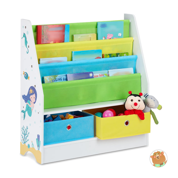 Relaxdays Kinderregal Meermotiv, 2 Boxen, 3 Fächer, Spielzeug Aufbewahrung, Kinder Bücherregal HBT 7