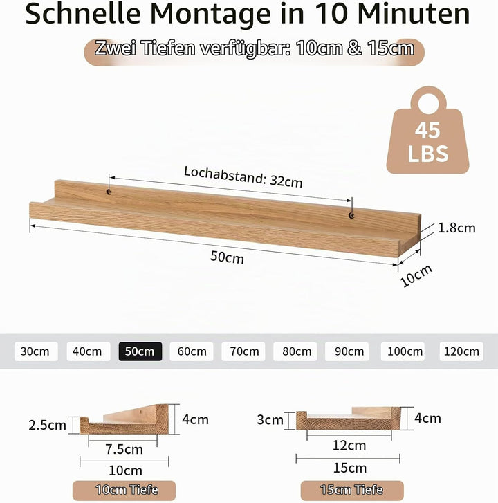 Gieanoo Bilderleiste Holz, 50cm Rustikales Eiche Massiv Schweberegal Wandregal gewürzregal Wand rega