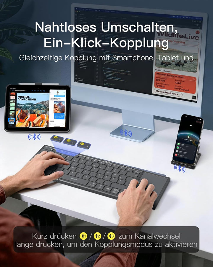 Inateck Faltbare Mini Tastatur, KI-Funktion mit Touchpad,3 Bluetooth-Kanälen, kompatibel mit iPadOS