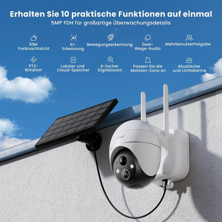 ieGeek 5MP Überwachungskamera Aussen Akku, PTZ Überwachungskamera Aussen WLAN mit Solarpanel,PIR-Bew