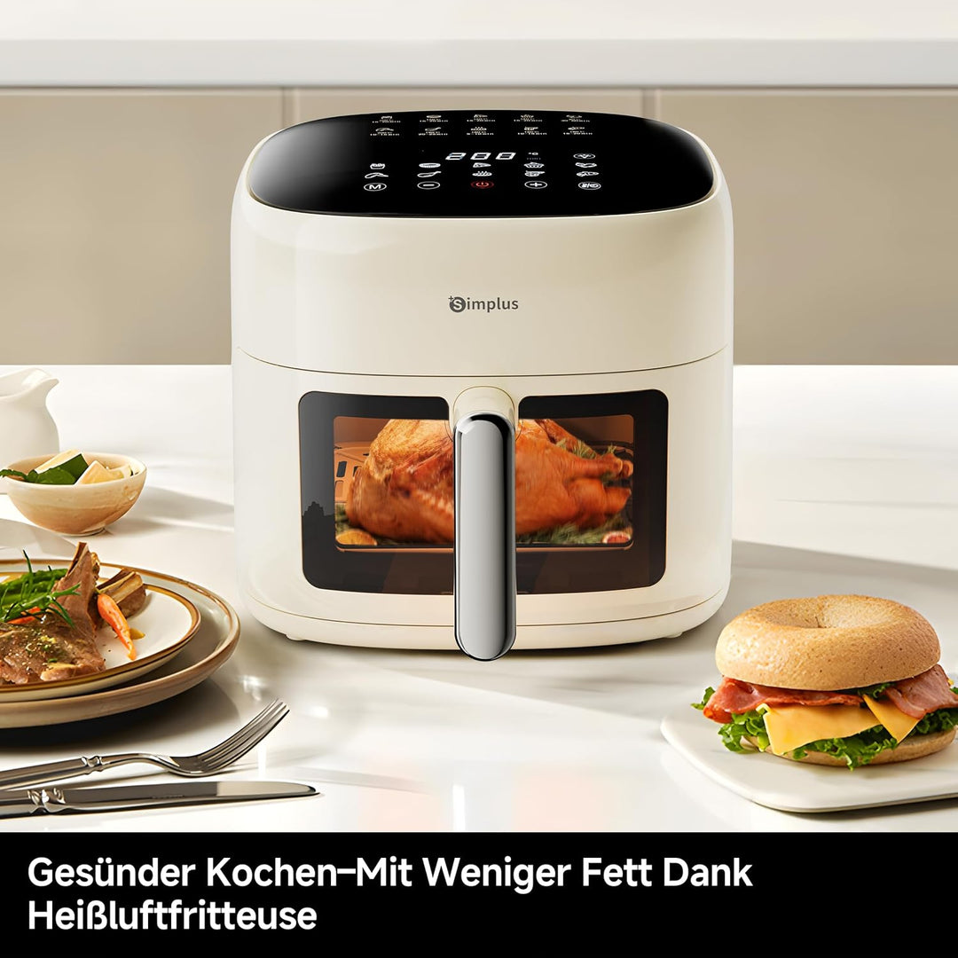 SIMPLUS Heissluftfritteuse 6,5 L, Airfryer XL mit Sichtfenster, 1500 W, extra schlankes Design, Touc