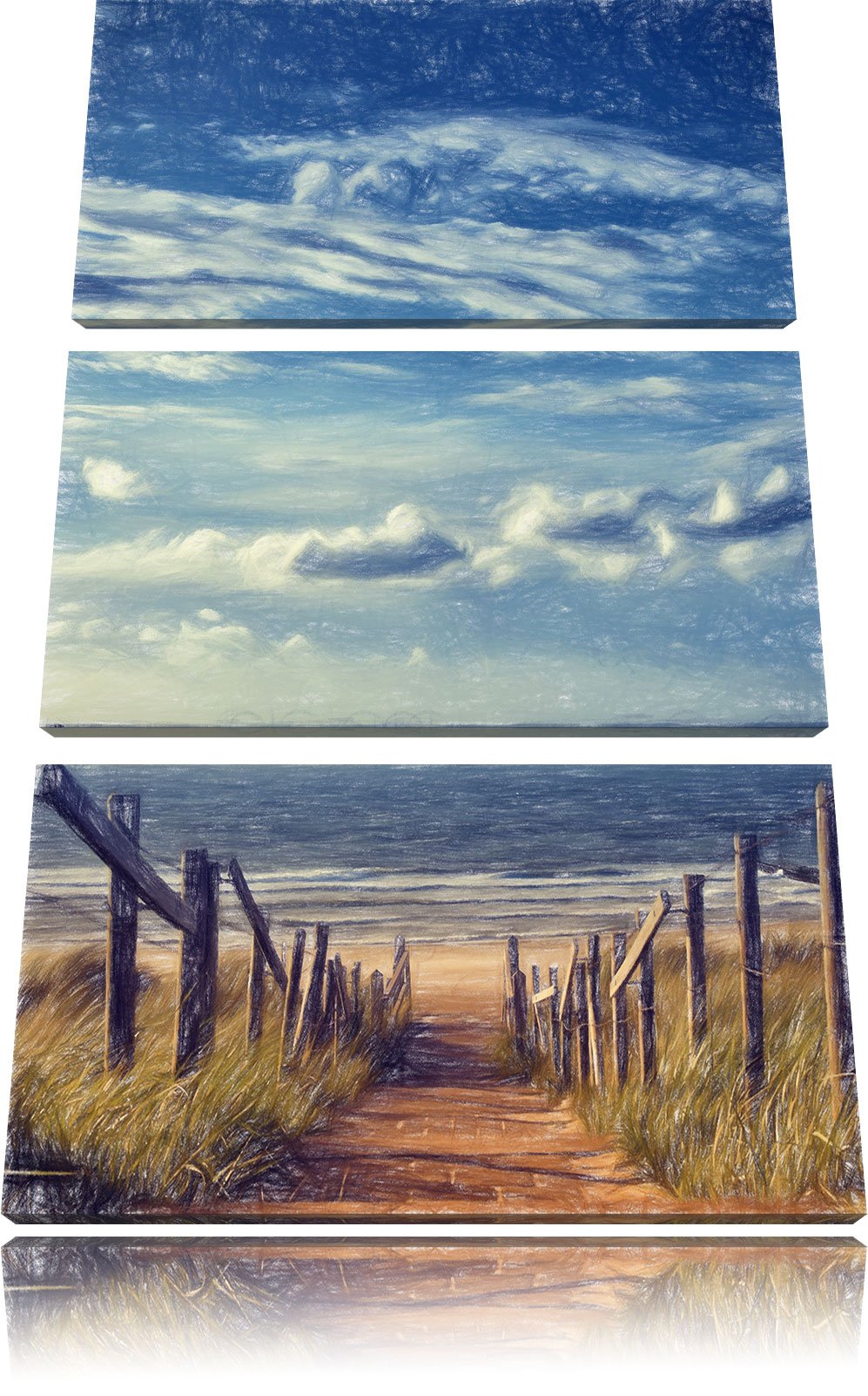 Pixxprint Weg zum Strand am Meer Kunst Buntstift Effekt 3-Teiler Leinwandbild 120x80 Bild auf Leinwa
