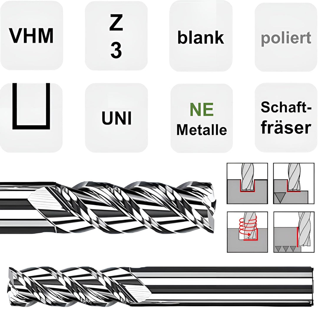 VHM Fräser, Schaftfräser, Alufräser Z=3, polierte Spannut, glat, scharf Ø 1-20 mm für Alu, Kupfer, M
