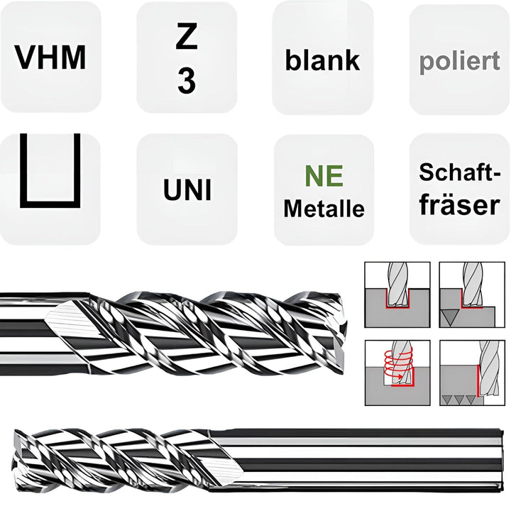 VHM Fräser, Schaftfräser, Alufräser Z=3, polierte Spannut, glat, scharf Ø 1-20 mm für Alu, Kupfer, M