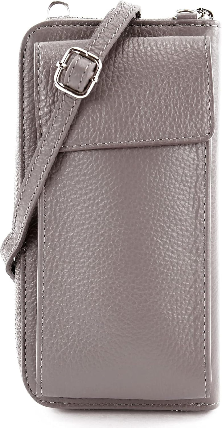 modamoda de - P06 - ital. Damen Umhängetasche Geldbörse Handytasche Leder Quarzgrau, Quarzgrau