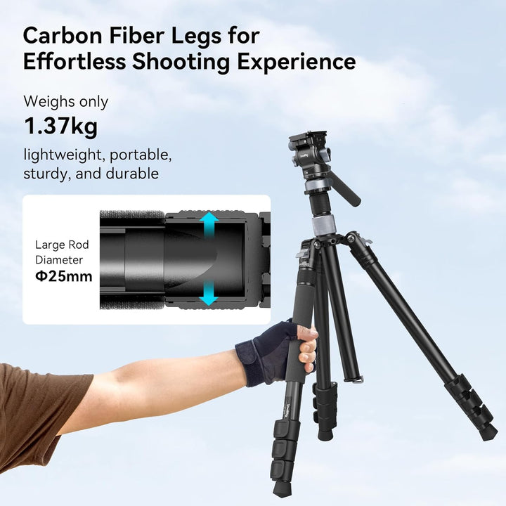 SMALLRIG 63" Video Travel Tripod, Carbonfaser-Stativ mit Schnellwechsel-Fluidkopf, Nivellierschalenb