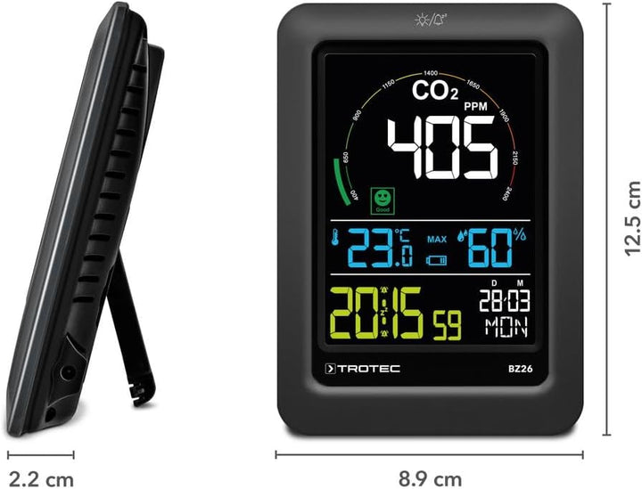 TROTEC CO2 Messgerät BZ26 – Luftqualitätsmonitor – Messbereich 400 bis 5000 PPM, Lufttemperatur, rel