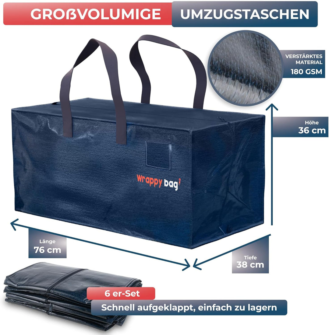 WRAPPYBAG 6er-Set Kunststoff Aufbewahrungstasche – Jumbo XXL Tasche Gross – Wasserabweisend, Stabil,