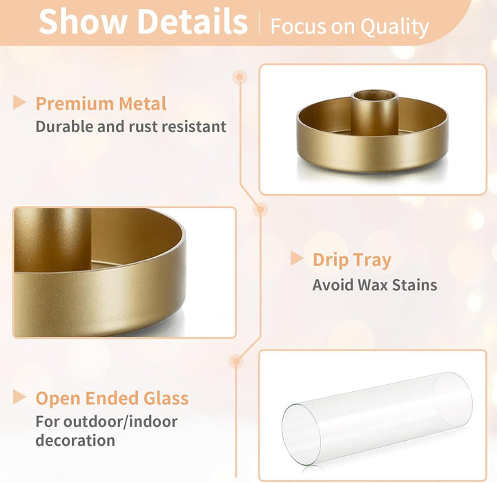NUPTIO Glaszylinder für Kerzen Kerzenhalter Gold: 30cm Satz von 2 Klarglas Metall Kerzenständer Stab