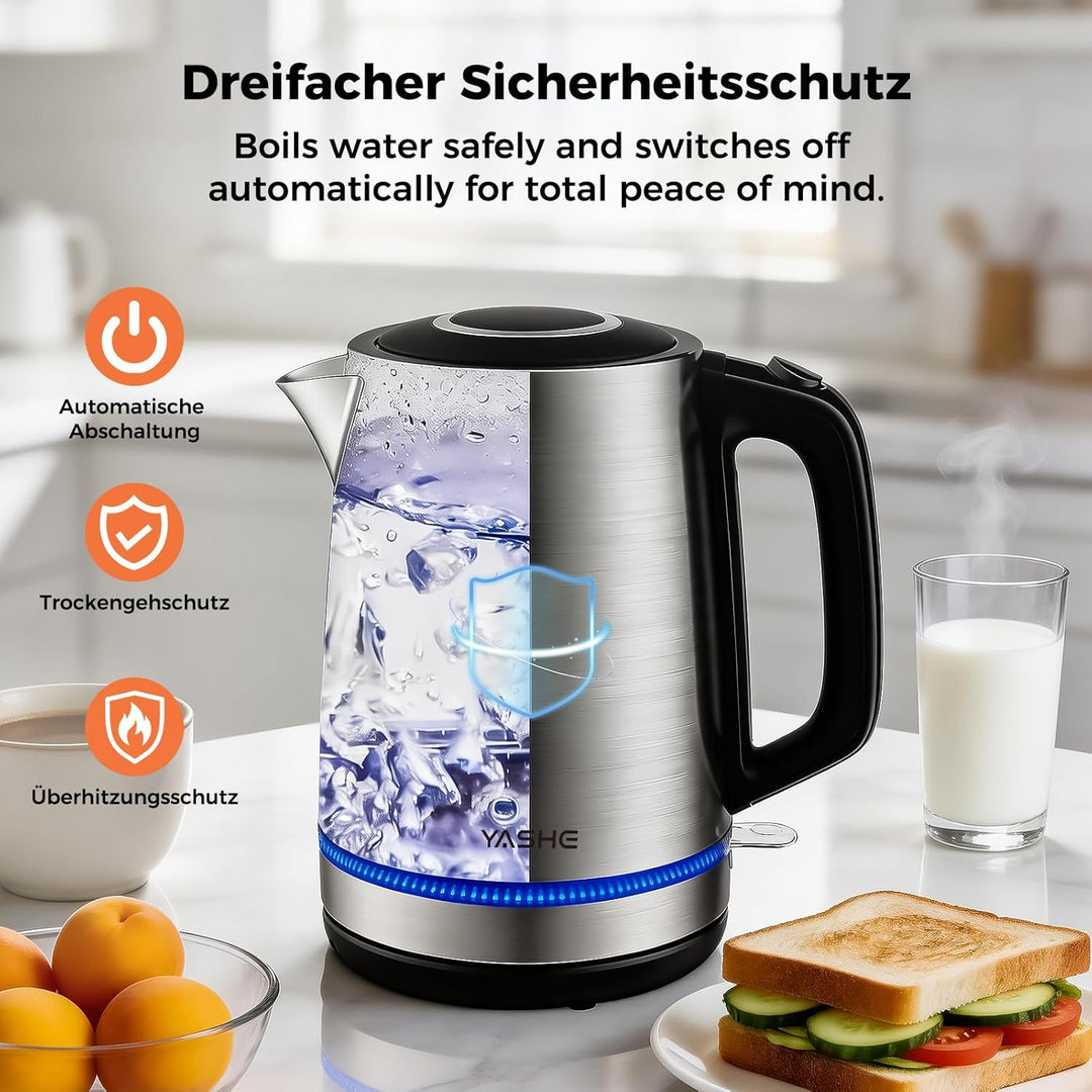YASHE Wasserkocher Edelstahl 1,7L, 2200W Schneller Elektrischer Wasserkocher mit Kalkfilter, Wasserk