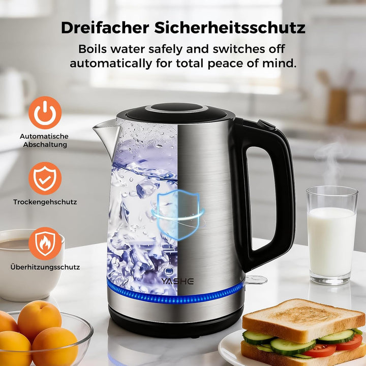 YASHE Wasserkocher Edelstahl 1,7L, 2200W Schneller Elektrischer Wasserkocher mit Kalkfilter, Wasserk