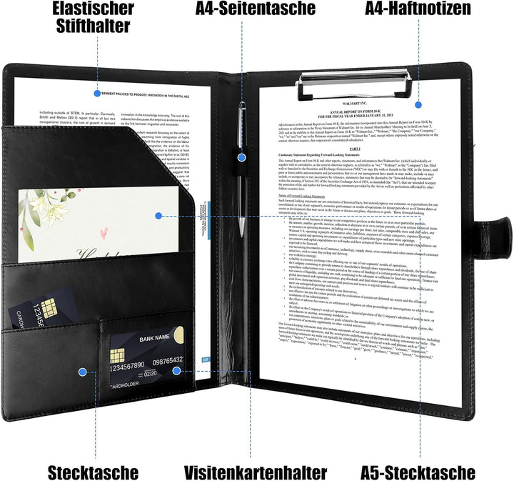2 Stück Schreibbrett Klemmbrett A4 mit Deckel, 32x24.5cm Business Mappe, Schreibmappe A4 Leder, Schw