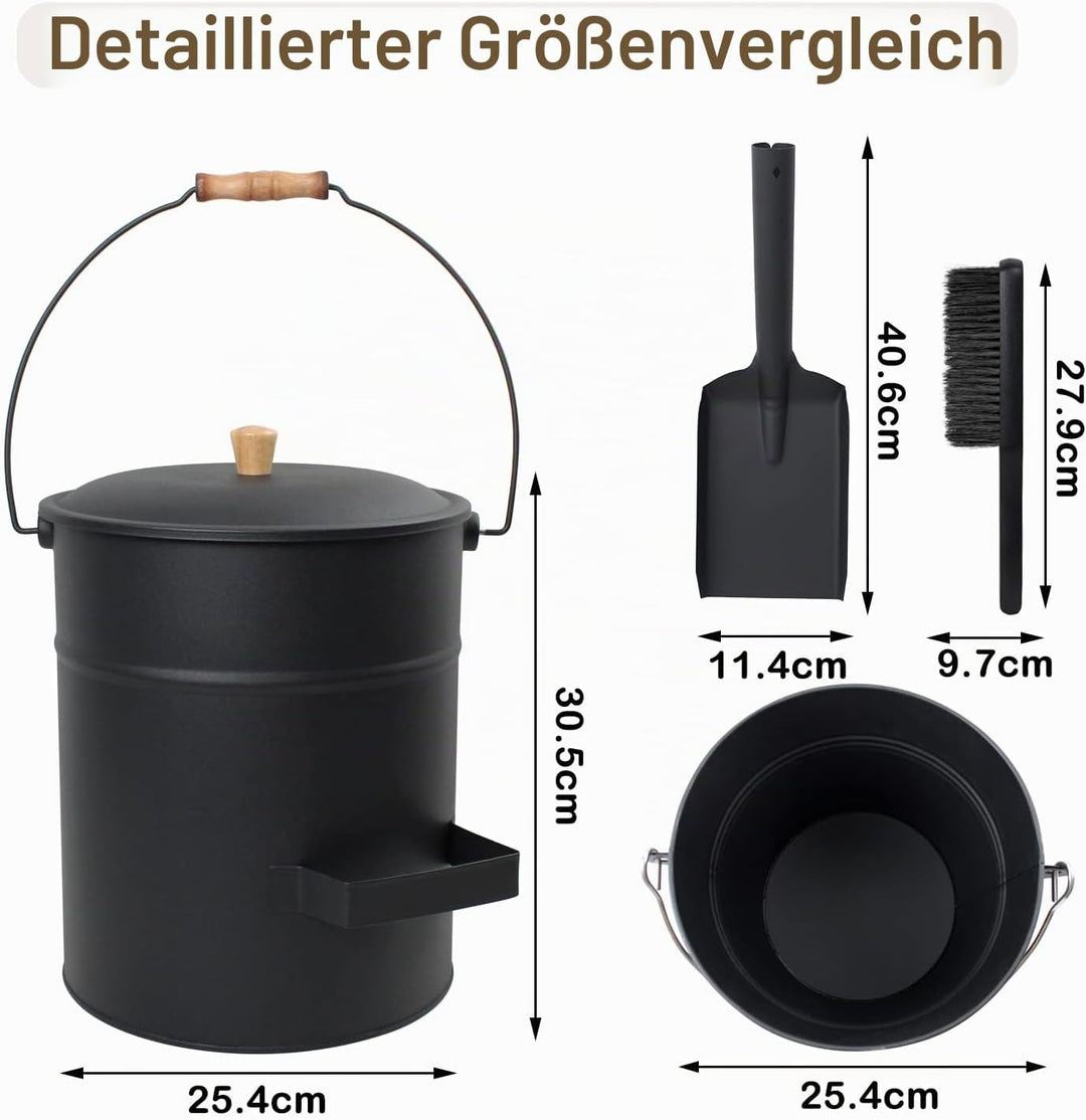 BRIAN &amp; DANY Ascheeimer mit Deckel, Runder Kohleeimer für Kamine, 15L Eimer mit Schaufel und Handbes