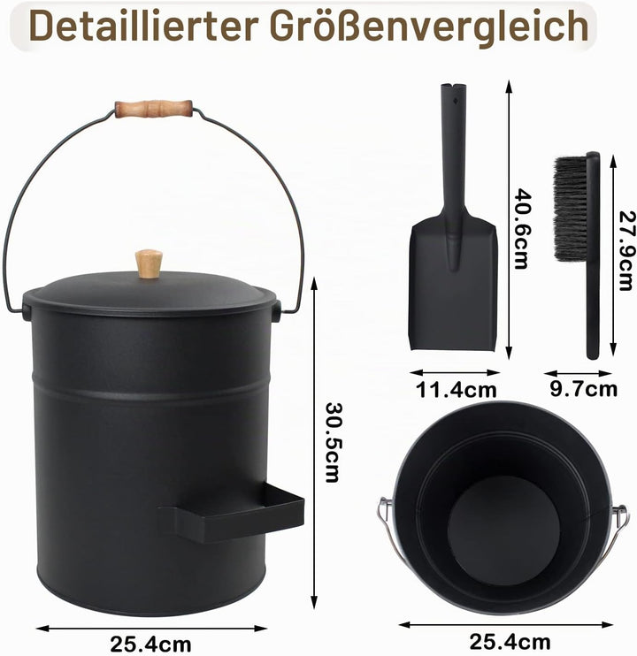 BRIAN &amp; DANY Ascheeimer mit Deckel, Runder Kohleeimer für Kamine, 15L Eimer mit Schaufel und Handbes