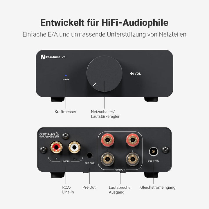Fosi Audio V3 Mini Verstärker, 300Wx2 Stereo Verstärker Hifi mit TPA3255 Amp Chip & Austauschbare Op