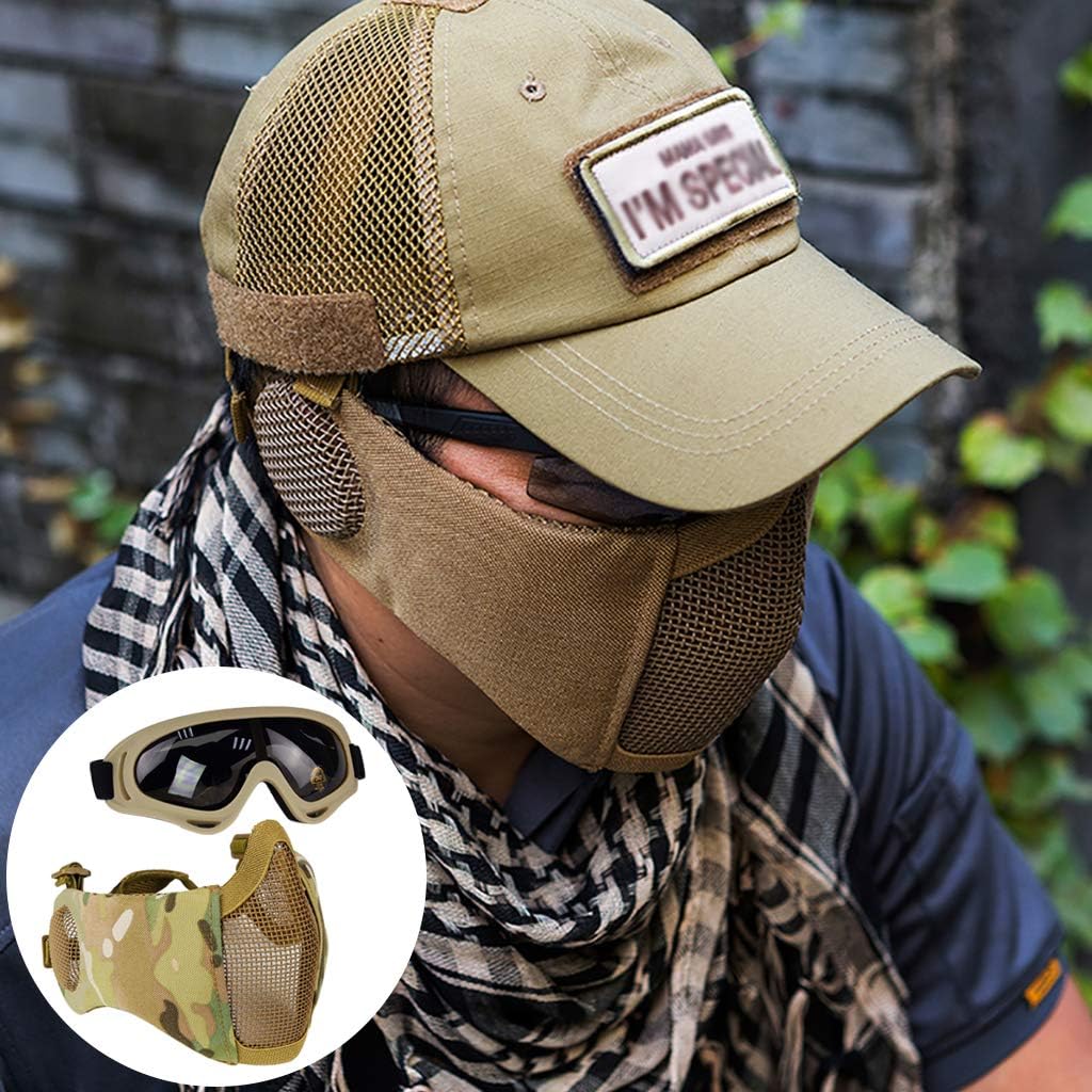 Hodeacc Airsoft-Maske und Brillen-Set, halbe Gesichtsmaske aus Metall mit Gehörschutz, Anti-UV-Softa