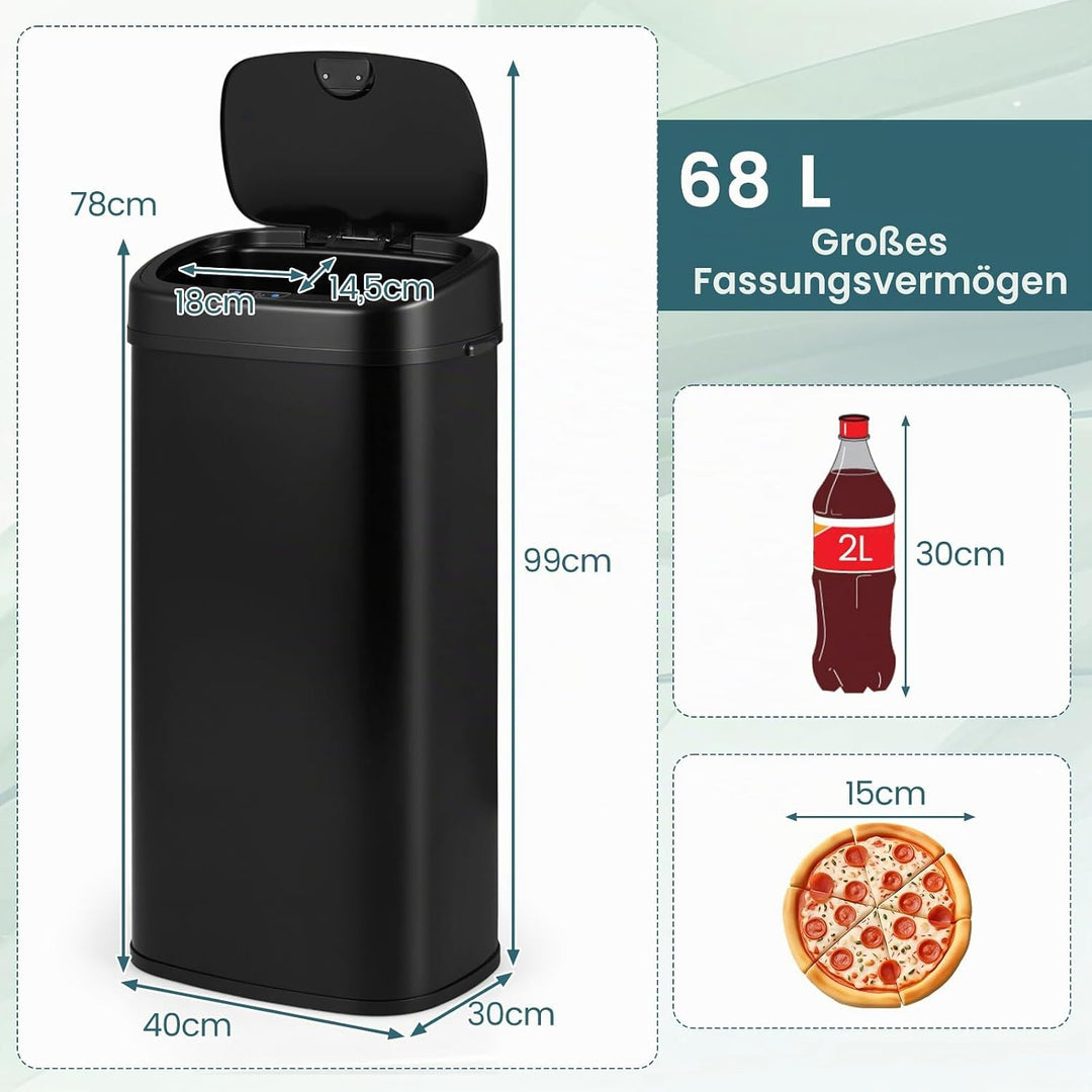 COSTWAY Mülleimer Küche, 68 L Mülltrennsystem 2 Fächer, Abfalleimer aus Edelstahl mit Sensor &amp; Soft-