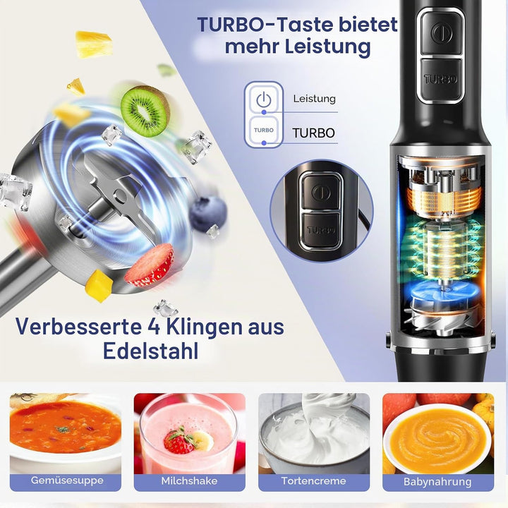 1500W Stabmixer, 2-in-1 Pürierstab, 25 Geschwindigkeitsstufen &amp; TURBO-Stabmixer Set, 4 Scharfe Kling