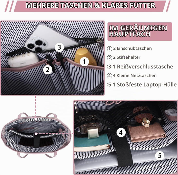 VX VONXURY Handtasche Damen Mittelgross Laptoptasche 15,6 Zoll Arbeitstasche Shopper Lehrertasche Sc