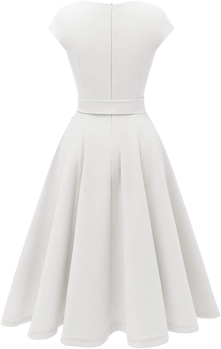 DRESSTELLS Damen Vintage Retro 1950er Cocktaikleid A-Line Swing Festlich Midilang Kleid Weiss L, Wei