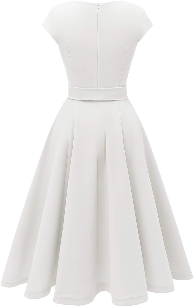 DRESSTELLS Damen Vintage Retro 1950er Cocktaikleid A-Line Swing Festlich Midilang Kleid Weiss M, Wei