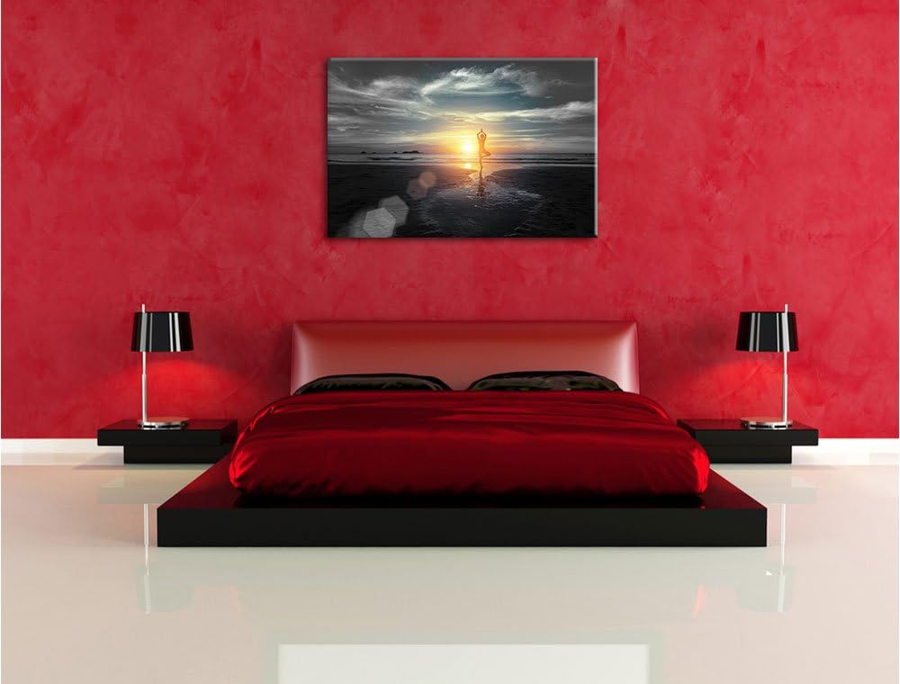 Pixxprint Yoga Silhouette am Strand als Leinwandbild/Grösse: 100x70 cm/Wandbild/Kunstdruck/fertig be